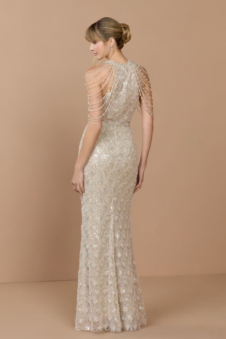 Draped Pearl Embellished Column Gown, Alternate, color, Cream Nude