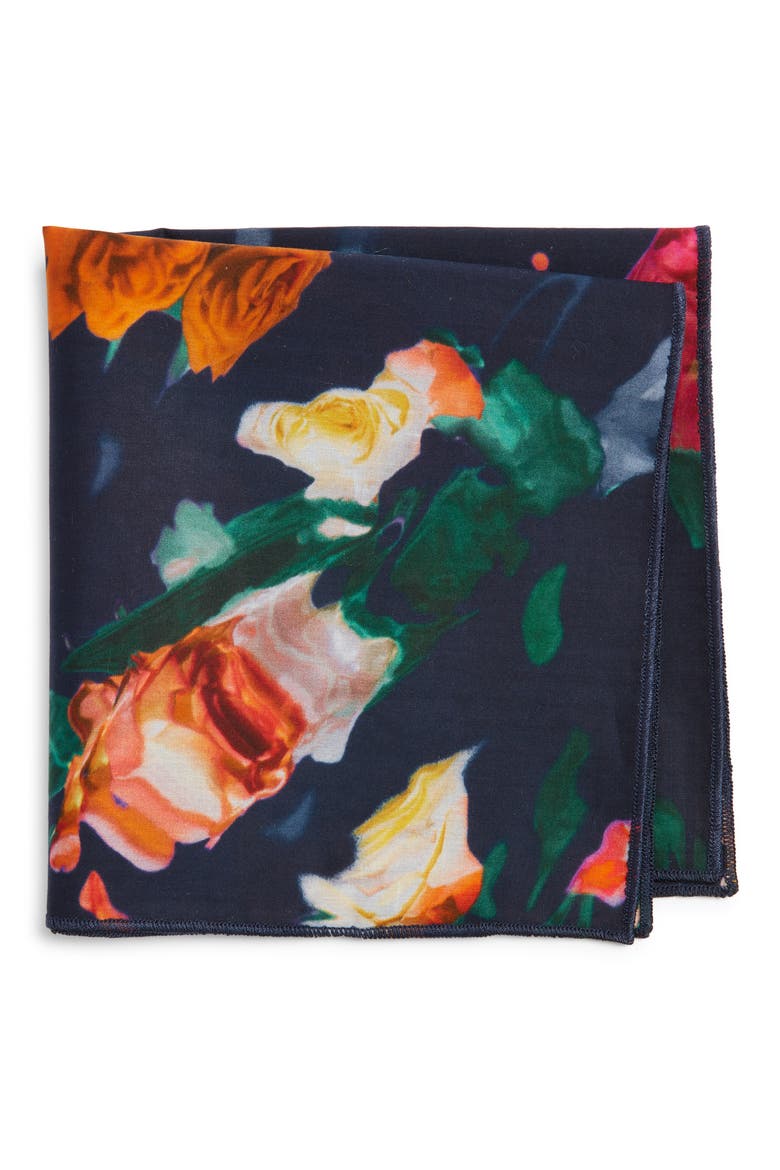 Navy & Fuchsia Floral Cotton Pocket Square, Main, color, NAVY