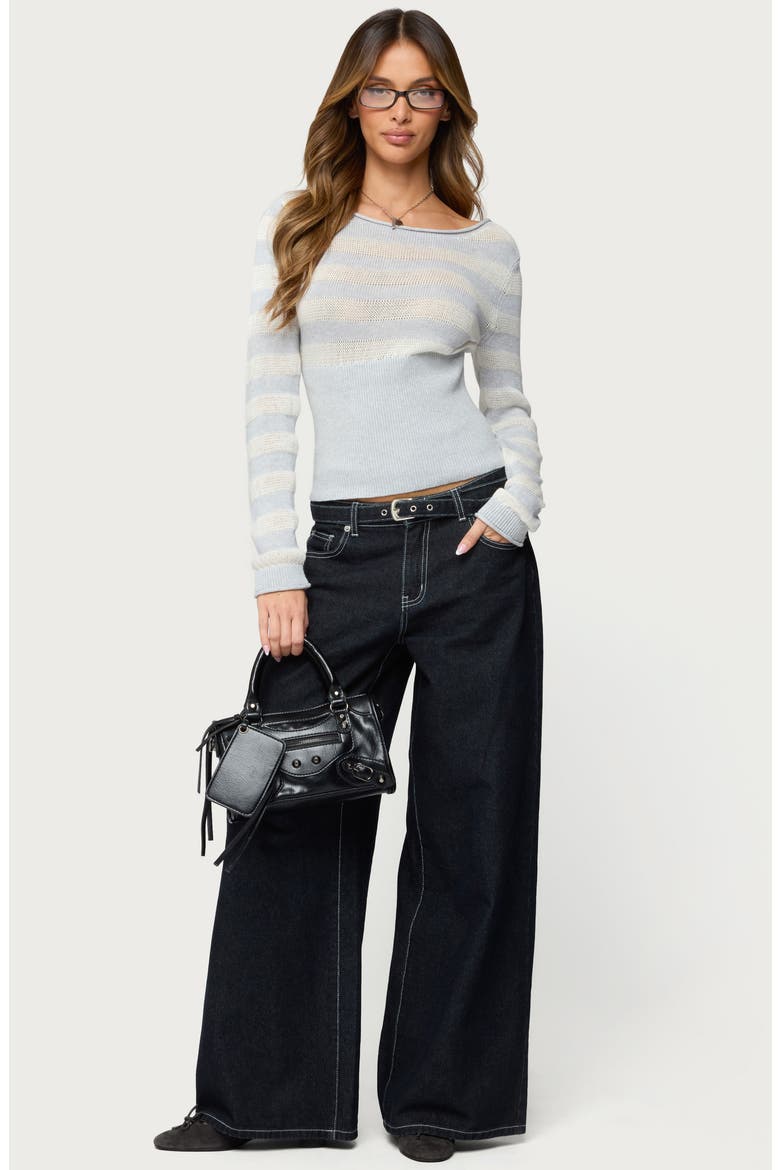Cornella Stripe Open Stitch Boat Neck Sweater, Alternate, color, GRAY-AND-WHITE