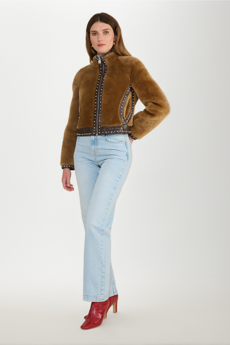 Harper Shearling Studded Jacket, Alternate, color, Brown