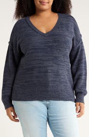 Lucky Brand Textured V-Neck Cotton Blend Sweater