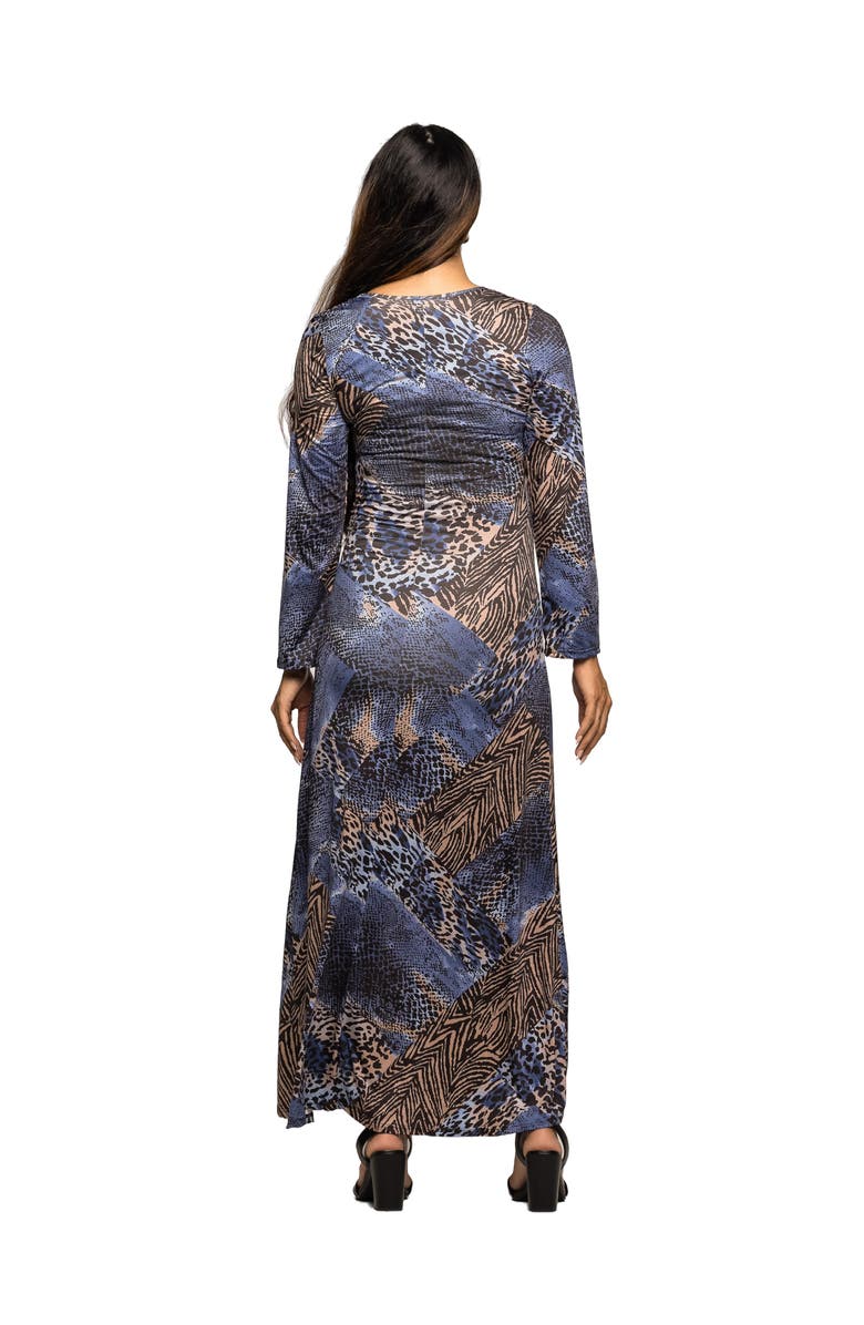 24seven Comfort Apparel Animal Print Long Sleeve Scoop Neck Maxi Dress, Alternate, color, Blue Multi