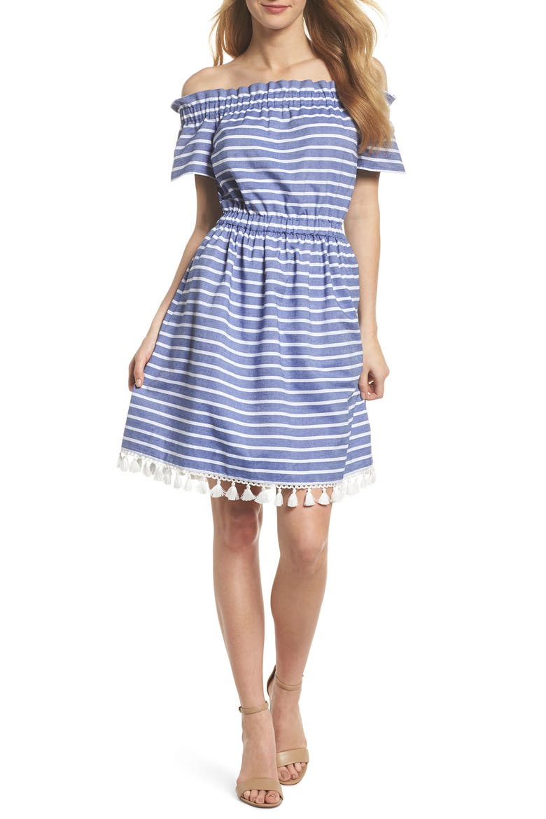Stripe Off the Shoulder Dress, Main, color, NAVY/ IVORY