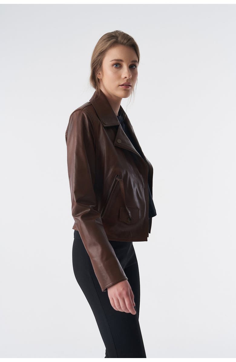 Furniq UK Delphine Patterned Leather Jacket, Alternate, color, Tan Brown