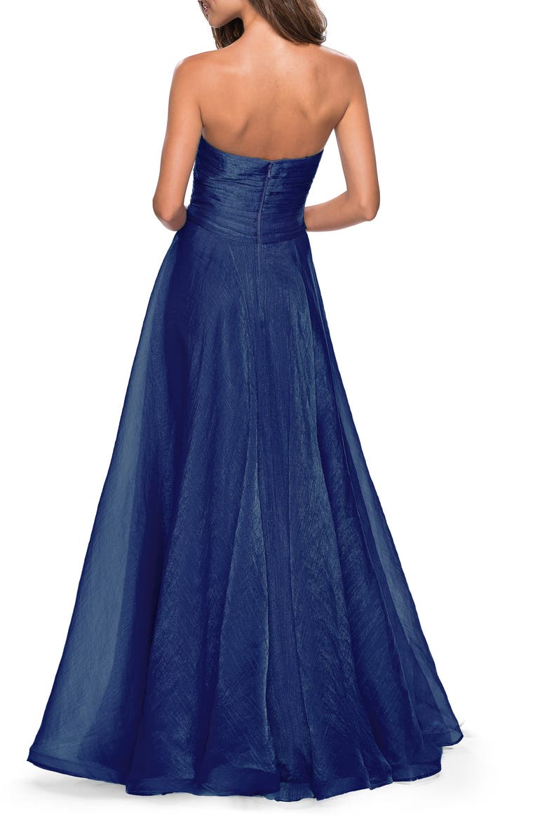 La Femme Strapless Chiffon Dress with Criss Cross Bodice Detail, Alternate, color, Navy
