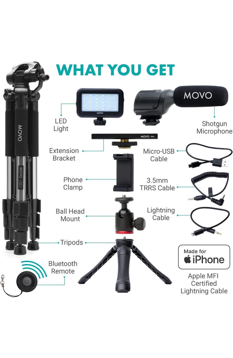 MOVO iVlogger Vlogging Kit for iPhone with Fullsize Tripod, Alternate, color, Black