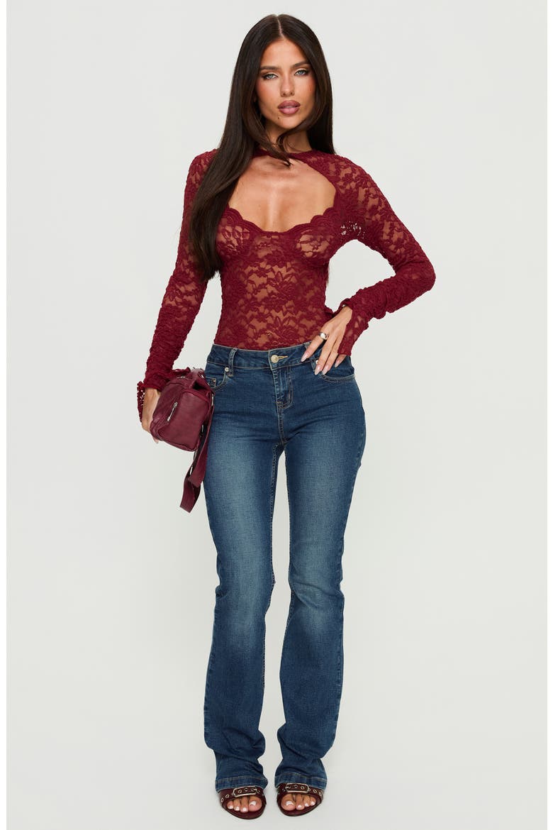 Giallo Long Sleeve Lace Bodysuit, Alternate, color, BURGUNDY