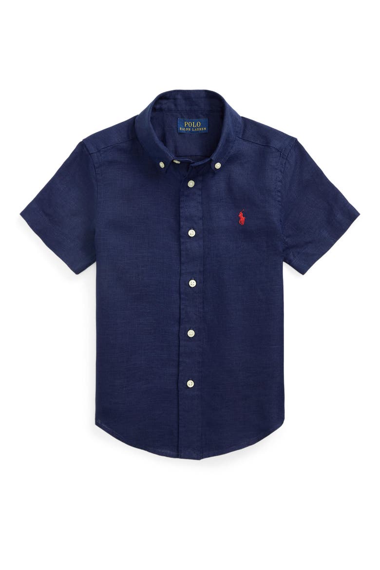 Kids' Short Sleeve Linen Button-Down Shirt, Main, color, NEWPORT NAVY