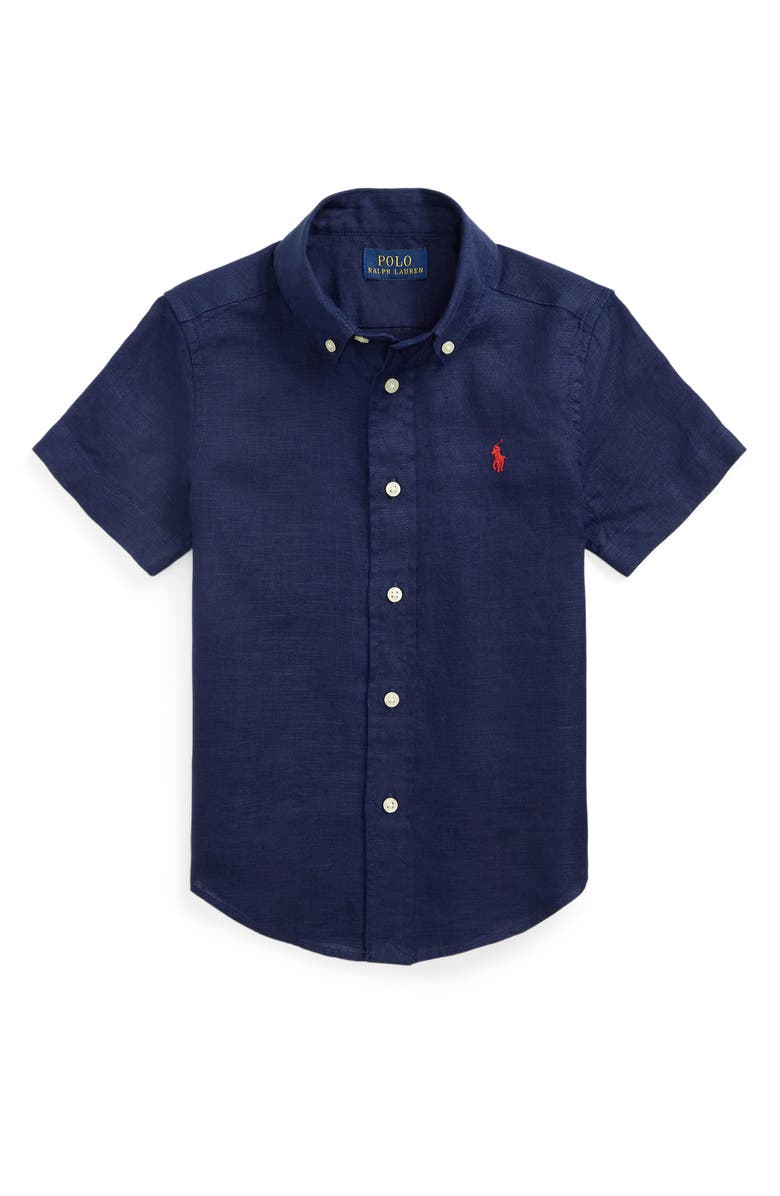 Polo Ralph Lauren Kids' Short Sleeve Linen Button-Down Shirt, Main, color, Newport Navy