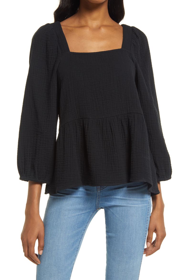 Millbrook Puff Sleeve Lightspun Cotton Peplum Top, Main, color, TRUE BLACK