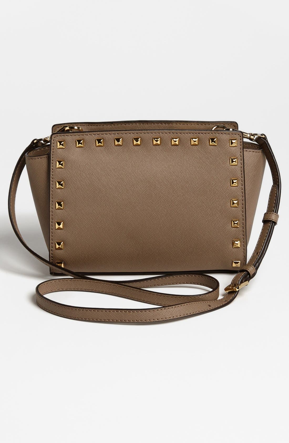 'Selma - Stud' Saffiano Leather Crossbody Bag, Alternate, color, DARK DUNE