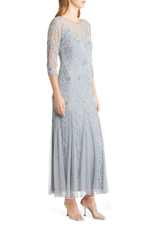 Pisarro Nights Beaded Illusion Neck Gown In Blue