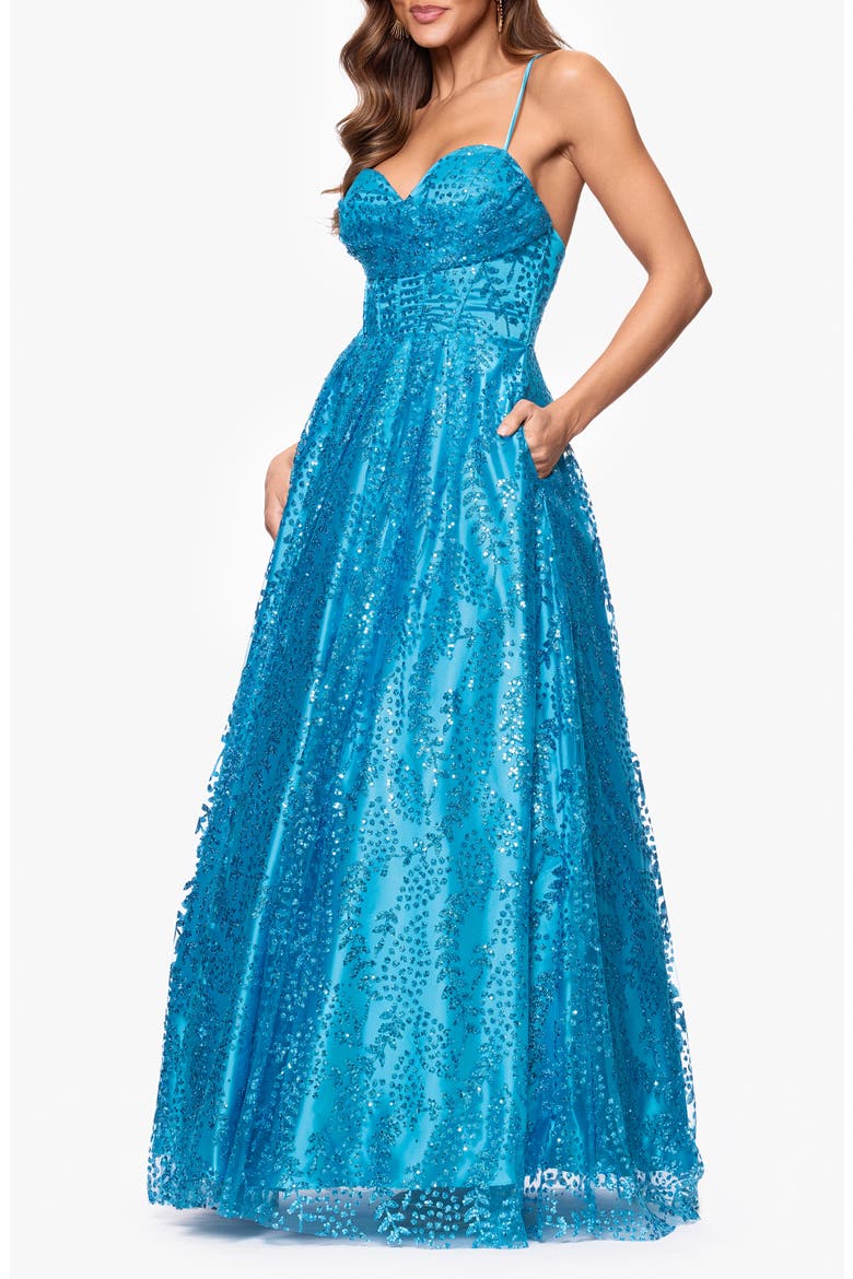 Gllitter Dot & Leaf Ballgown, Alternate, color, AQUA