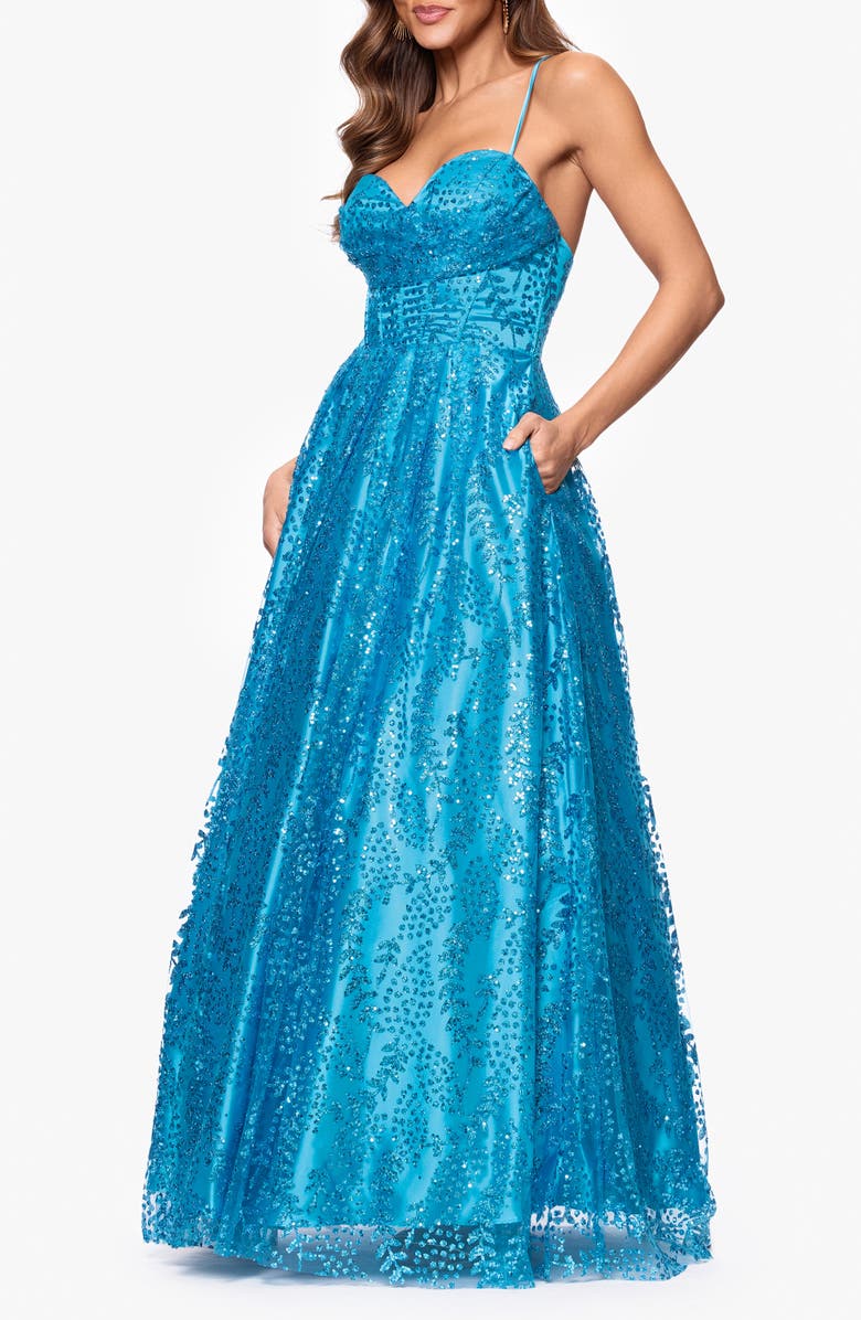 Blondie Nites Gllitter Dot & Leaf Ballgown, Alternate, color, Aqua