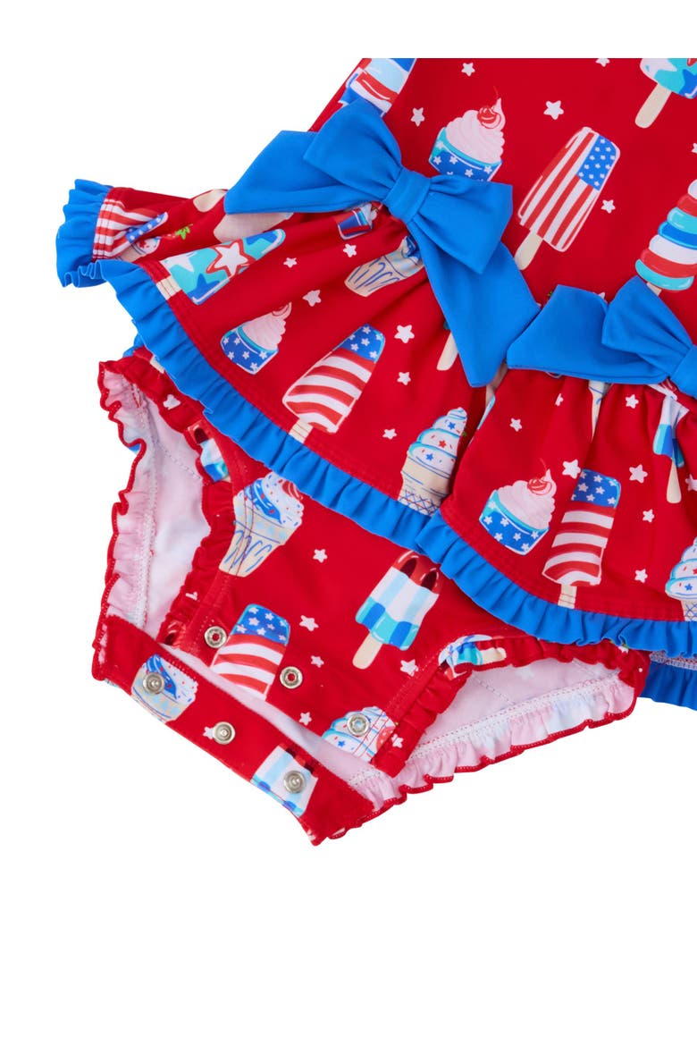UPF50+ Long Sleeve One Piece Bow Peplum Rash Guard Swimsuit, Alternate, color, Stars & Scoops