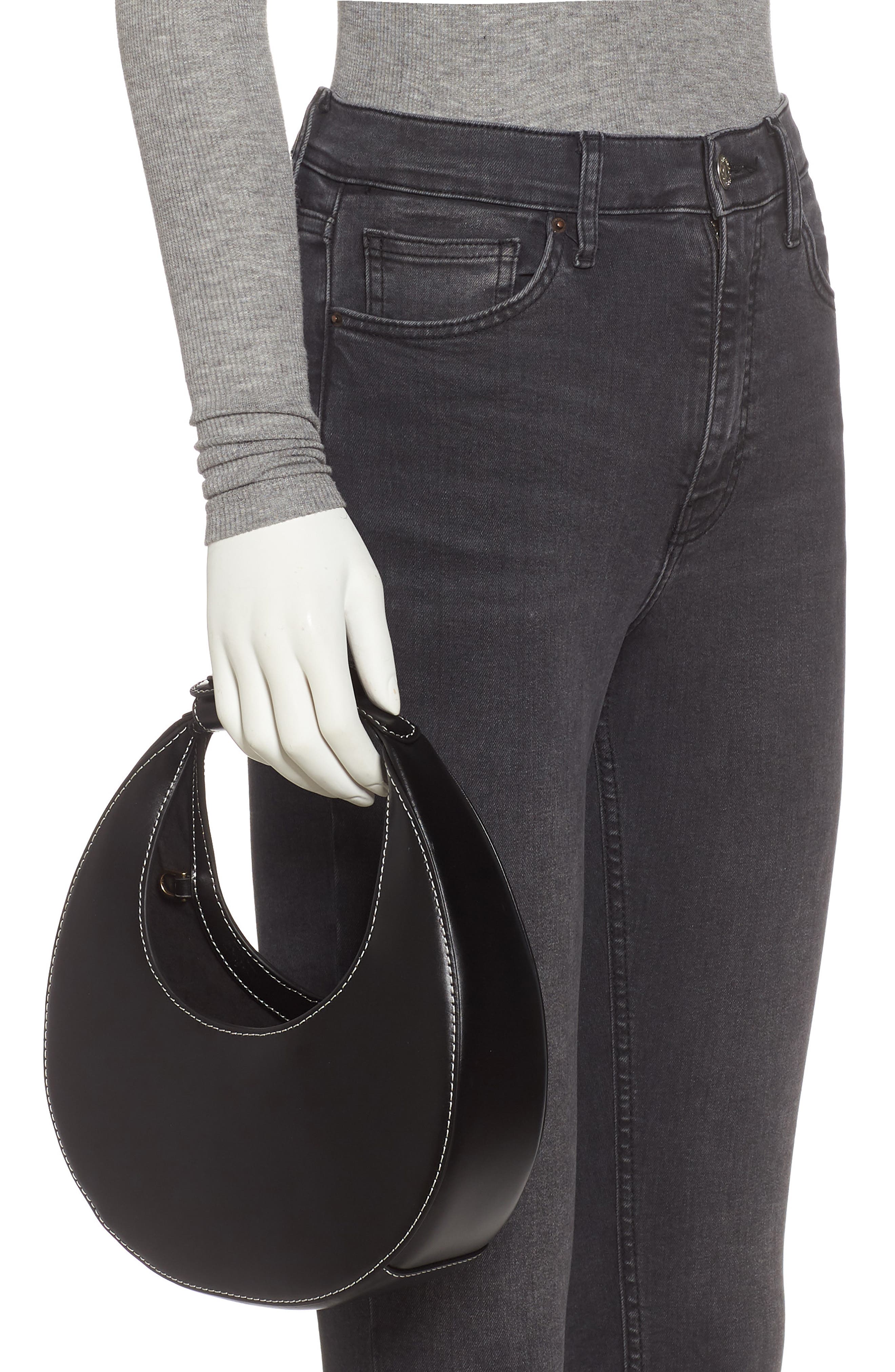 STAUD Mini Moon Leather Bag, Alternate, color, Black