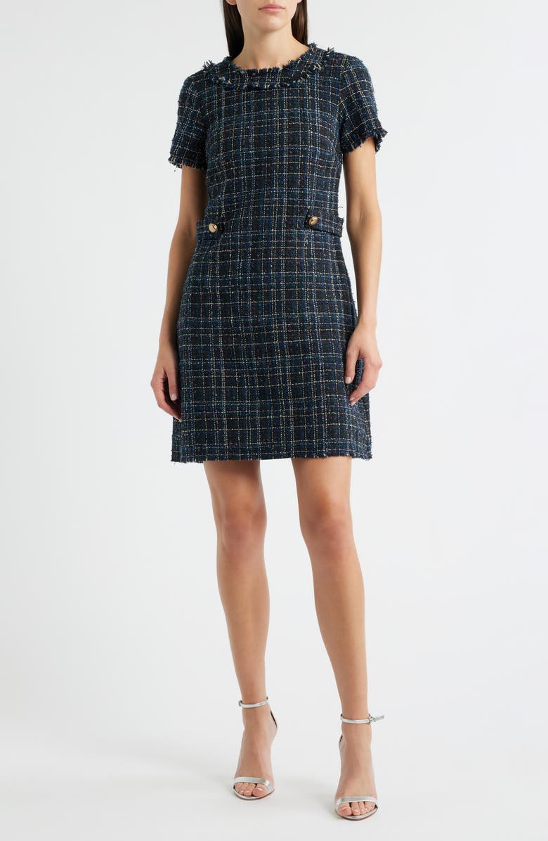 Eliza J Tweed A-Line Dress, Main, color, Navy Black