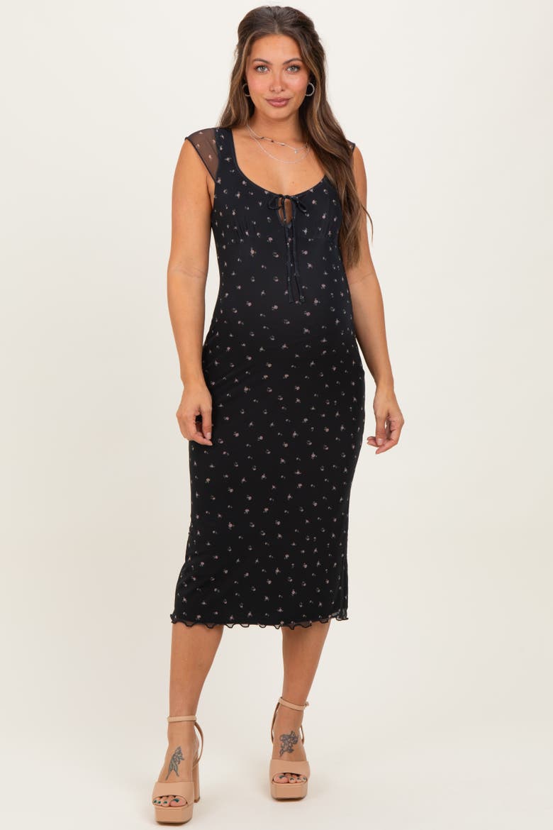 Floral Mesh Front Tie Cutout Midi Dress, Main, color, Black