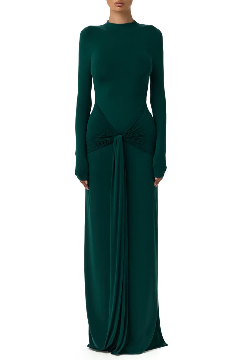 Naked Wardrobe Draped Tie Turtleneck Long Sleeve Maxi Dress, Main, color, Emerald