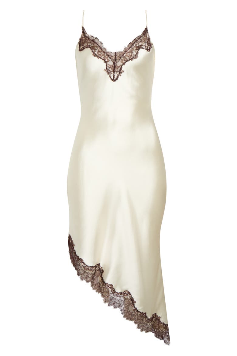 Posie Lace Trim Asymmetric Slipdress, Alternate, color, CREAM / CHOCOLATE