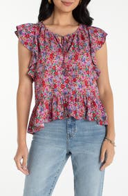 Liverpool Los Angeles Floral Print Flutter Sleeve Peplum Top
