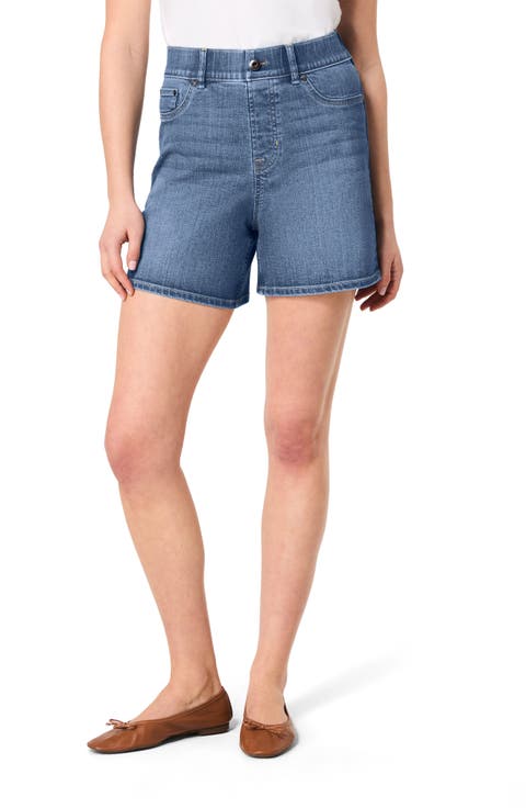 Pull-On High Waist Mid Thigh Denim Shorts (Regular & Plus)
