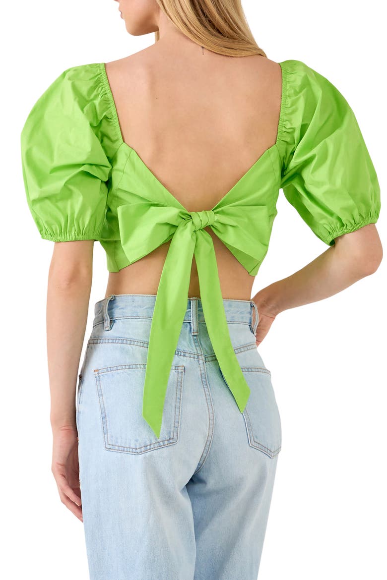 Puff Sleeve Bow Back Crop Top, Alternate, color, GREEN