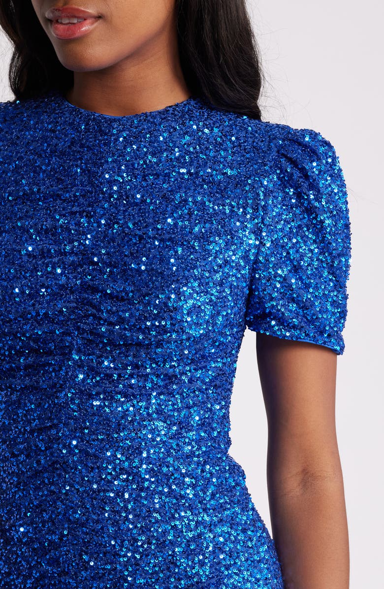 Dress the Population Chandler Sequin Short Sleeve Ruched Minidress, Alternate, color, Electric Blue
