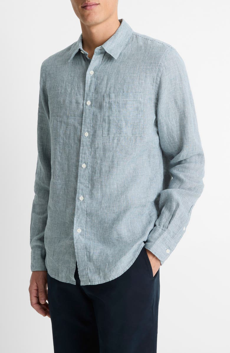 Vince Houndstooth Classic Fit Linen Button-Up Shirt, Alternate, color, Marlin Teal/ Optic White