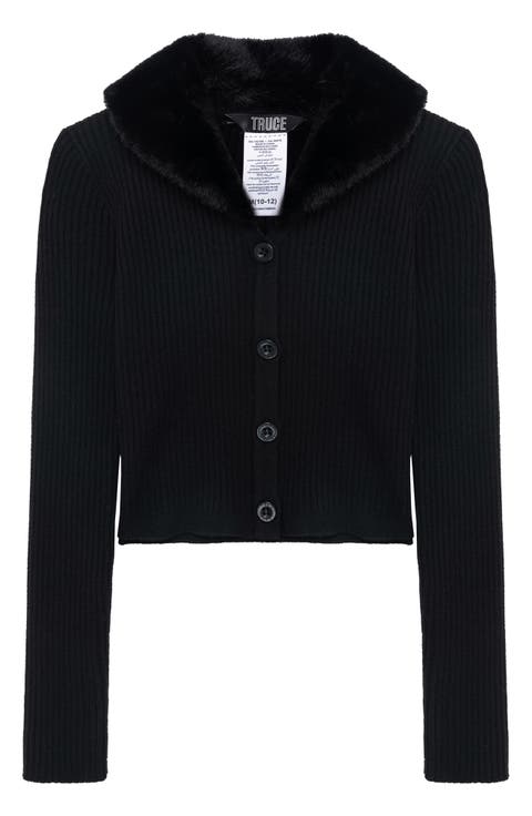 Kids' Faux Fur Collar Rib Cardigan (Big Kid)