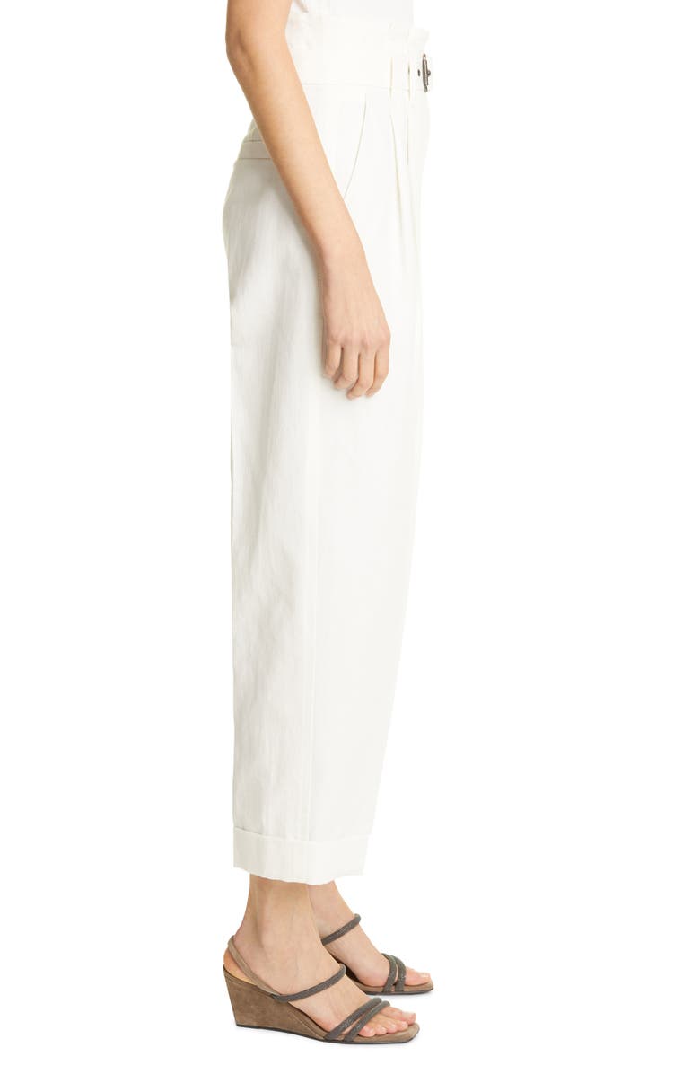 Brunello Cucinelli Paperbag Waist Pleated Cotton & Linen Pants, Alternate, color,