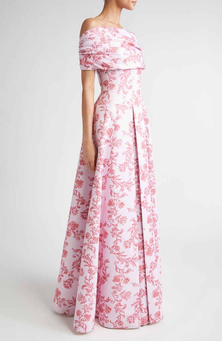 Emilia Wickstead Auclair Off the Shoulder Damask Taffeta Faille Gown, Alternate, color, Damask Floral Pink