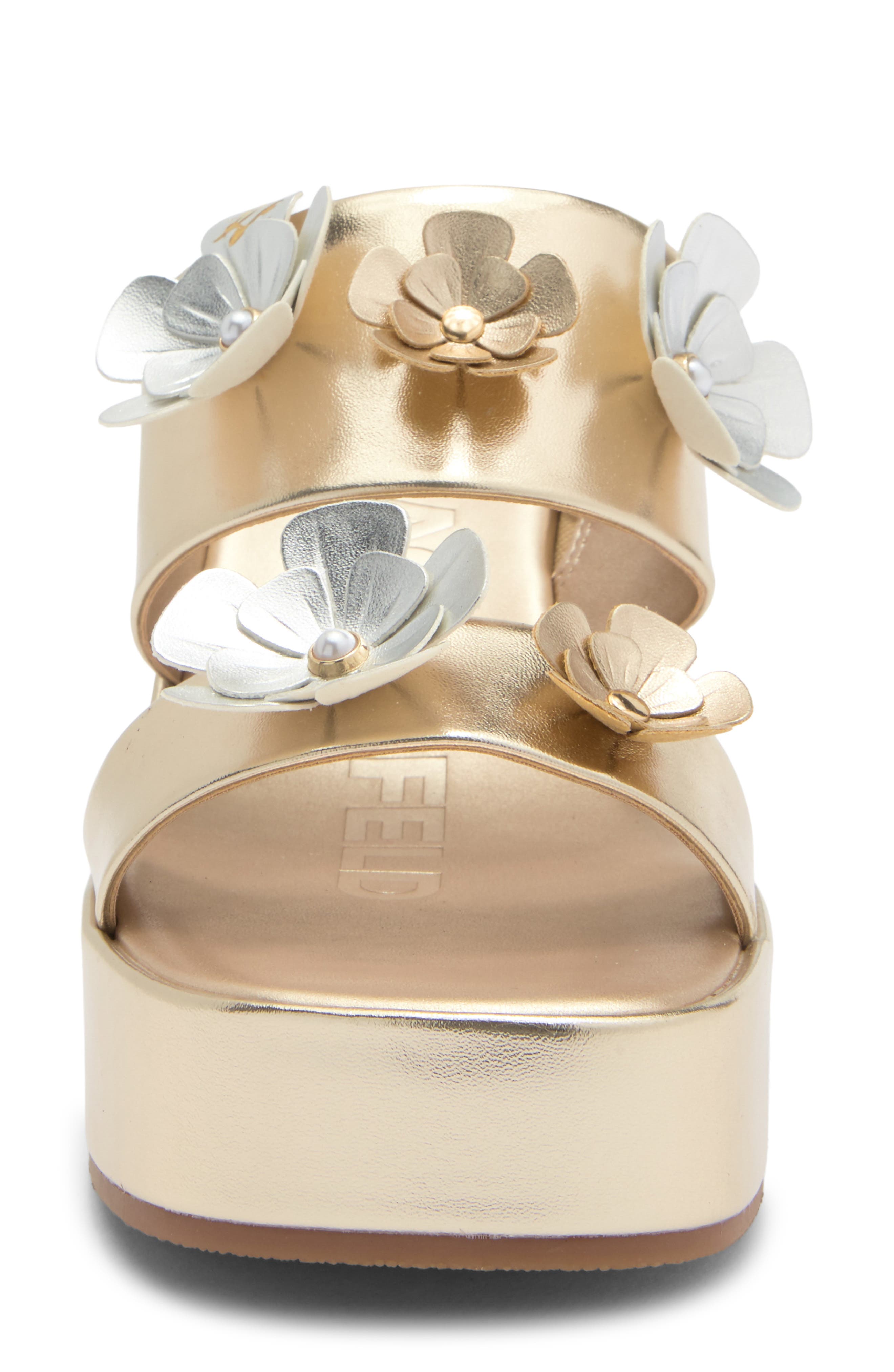 KARL LAGERFELD PARIS Moracco Flower Platform Slide Sandal, Alternate, color, White Gold