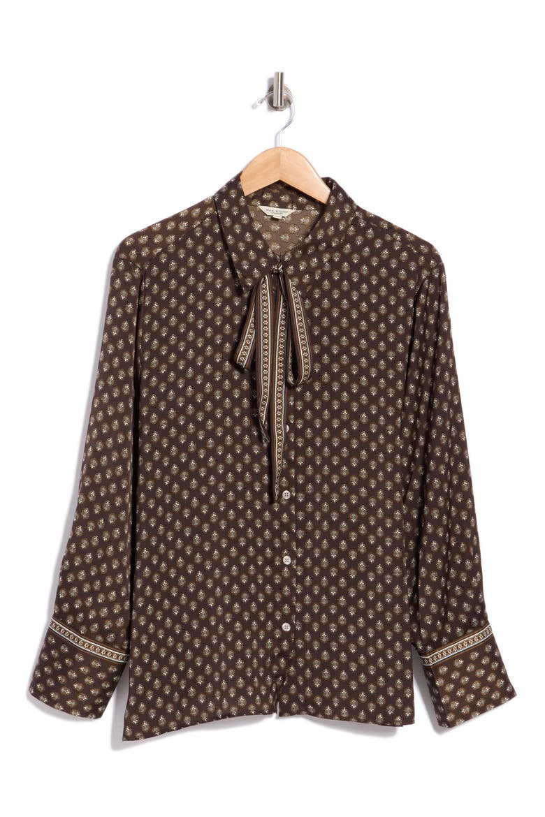 Tie Neck Satin Button-Up Shirt, Alternate, color, CHOCOALTE MOUSSE MINI FOULARDS