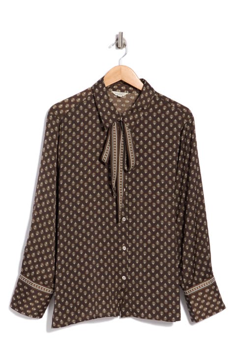 Tie Neck Satin Button-Up Shirt