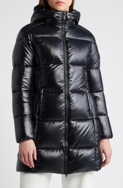 Save The Duck Ines Water Repellent Hooded Quilted Longline Puffer Coat in Black 