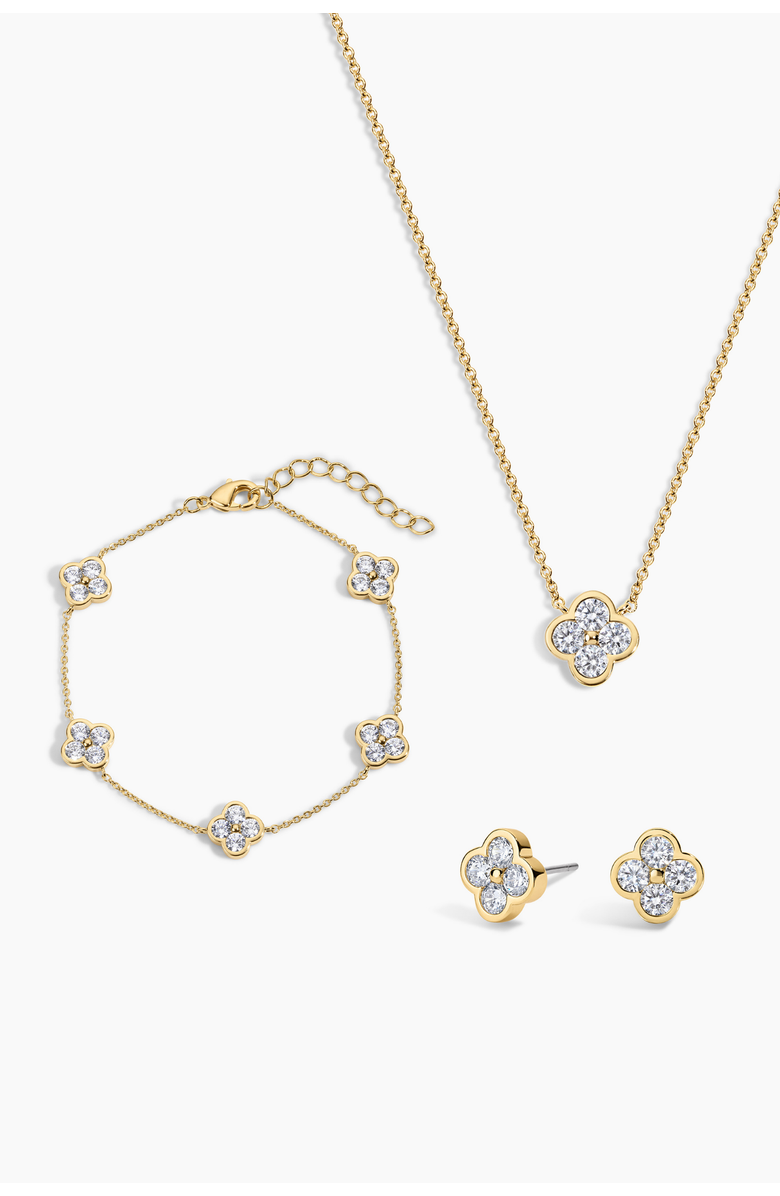Electric Picks Camilla Clover Necklace, Bracelet and Studs - Set of 3, Main, color, Gold