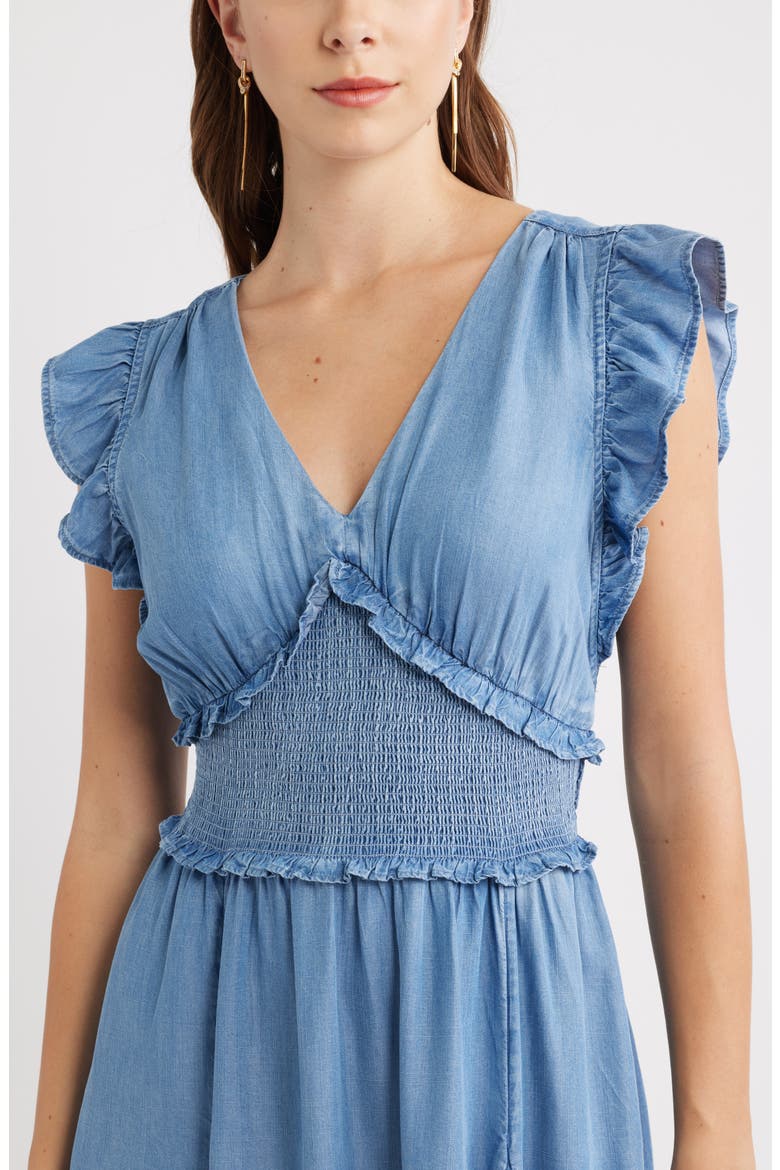 Smocked Chambray Midi Dress, Alternate, color, MEDIUM WASH