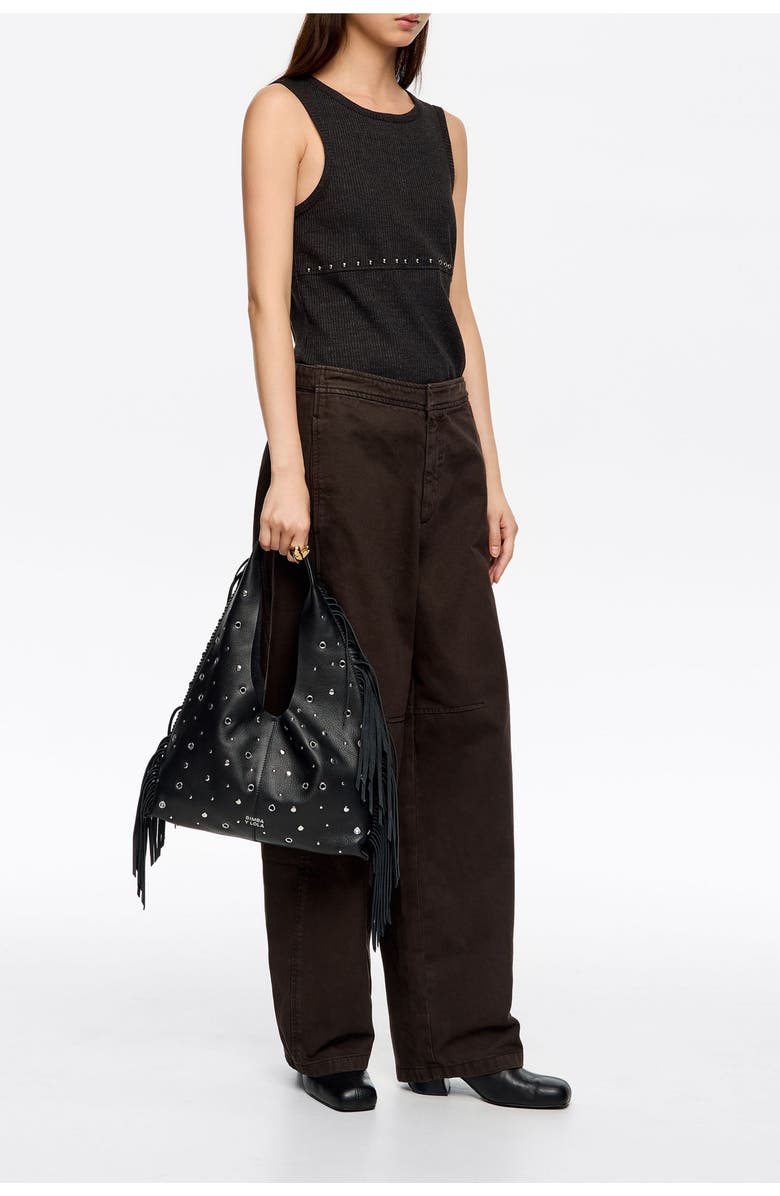 Bimba y Lola Medium Fringed Leather Paper Bikini Bag, Alternate, color, Black