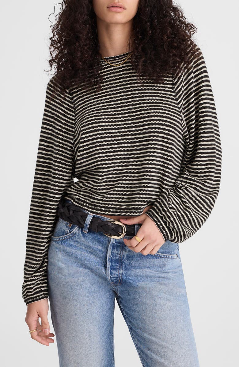 Madewell Stripe Curved Long Sleeve T-Shirt, Main, color, Jet Black