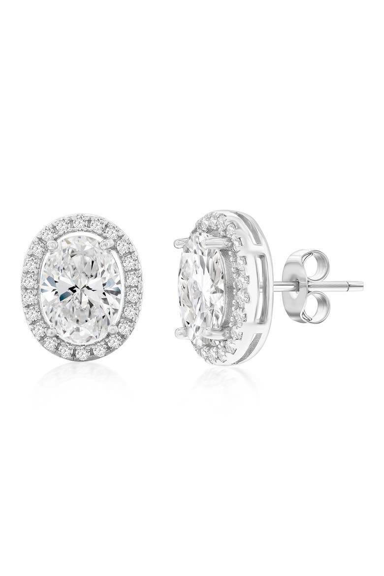 Halo Oval Cut Cubic Zirconia Stud Earrings, Main, color, SILVER