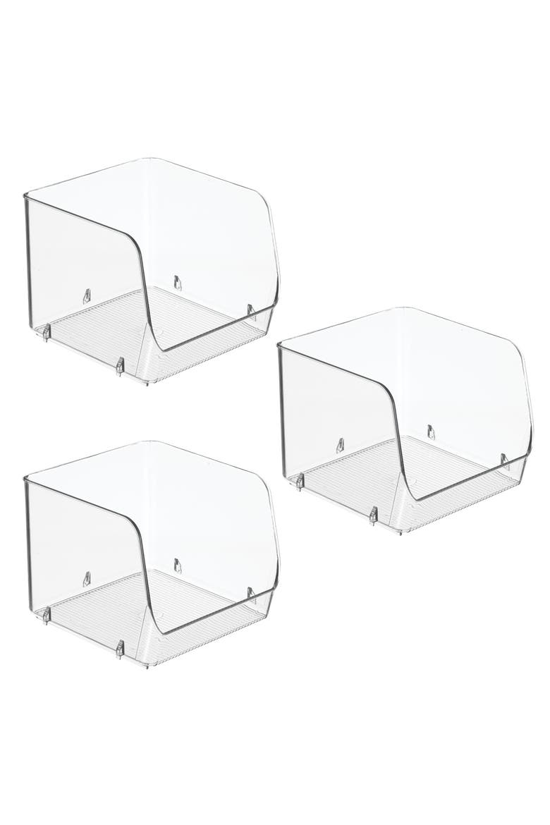 Stackable Open-Front Storage Bin, Set of 3, Clear, Made in USA, Main, color, Clear