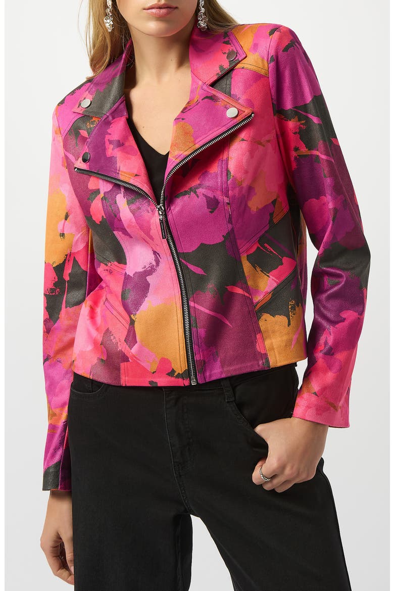 Floral Foiled Faux Leather Moto Jacket, Main, color, BLACK/ MULTI