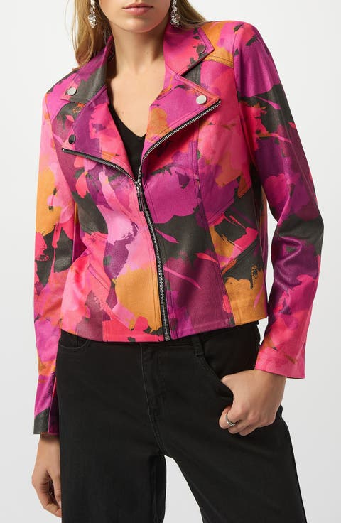 Floral Foiled Faux Leather Moto Jacket