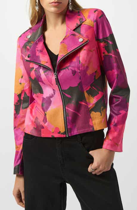 Floral Foiled Faux Leather Moto Jacket