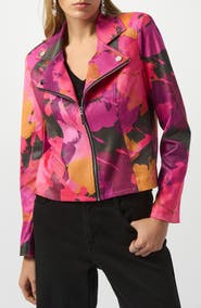 Joseph Ribkoff Floral Foiled Faux Leather Moto Jacket