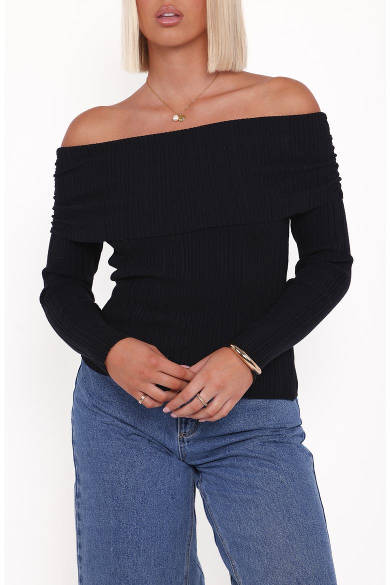 Junia Tie Back Off the Shoulder Rib Top, Main, color, BLACK