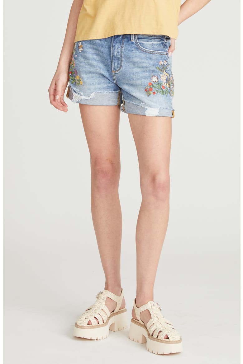 Frannie x Floral Fields Denim Shorts, Main, color, MEDIUM WASH