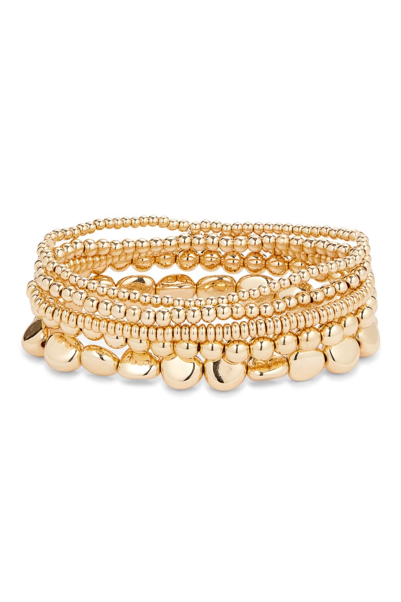 Set of 5 Beaded Stretch Bracelets, Main, color, GOLD
