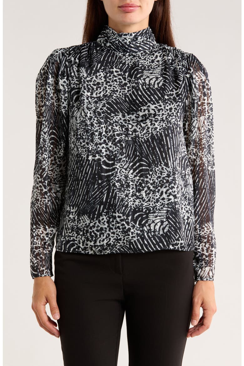 Animal Print Long Sleeve Chiffon Top, Main, color, BLACK/ WHITE STRIPE